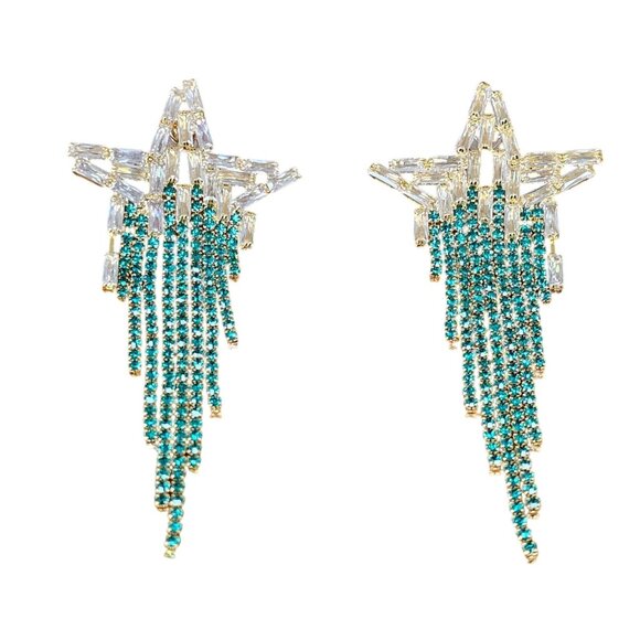 Crystal Starburst Dangle Earrings Green Rhinestones Fringe Design - Picture 2 of 9